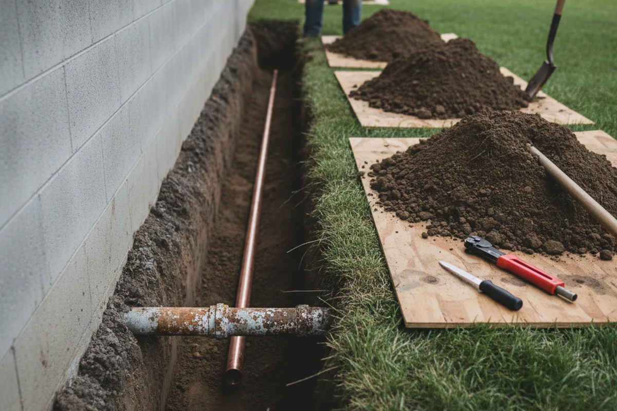 Excavated water line trench during Water Softener Installation in South Houston